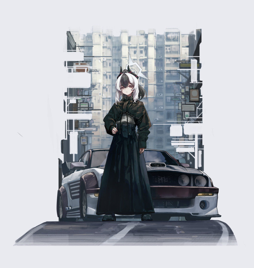 1girl absurdres black_boots black_hair black_jacket blue_archive boots car chinese_commentary commentary commission cropped_jacket crossover english_commentary ford ford_mustang ford_mustang_s197 frown grey_shirt halo head_tilt highres hong_kong horns jacket kayoko_(blue_archive) long_skirt long_sleeves looking_at_viewer mixed-language_commentary motor_vehicle multicolored_hair muscle_car need_for_speed need_for_speed:_most_wanted_(2005) pixiv_commission purple_eyes shirt skirt sleeves_past_wrists solo spoiler_(automobile) streaked_hair taru_kira white_hair