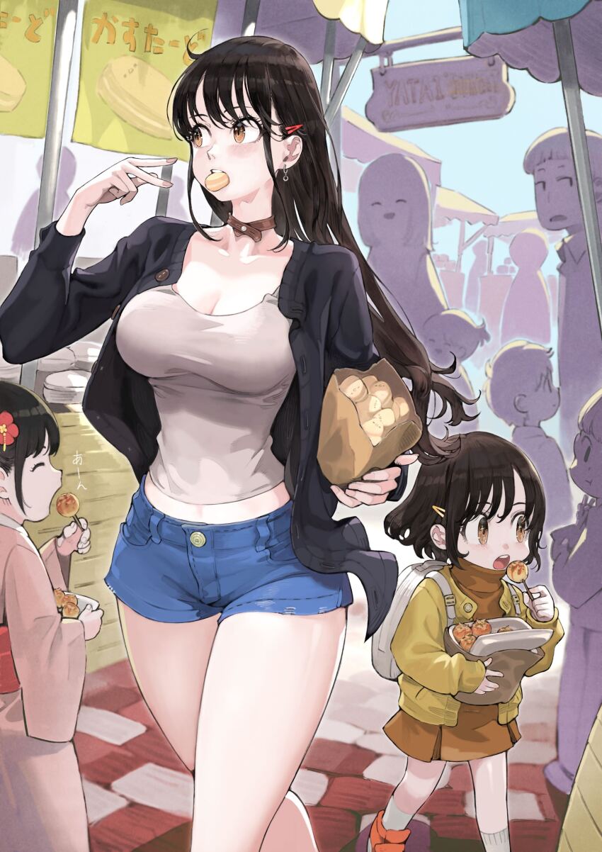 4boys 4girls absurdres ahoge backpack bag big_sister_(navigavi) black_hair black_jacket breasts brown_choker brown_eyes buttons choker cleavage closed_eyes collarbone day denim denim_shorts earrings eating flower food food_in_mouth grey_shirt hair_flower hair_ornament hairclip hand_up highres holding holding_bag jacket japanese_clothes jewelry jun_(navigavi) kimono kiosk large_breasts little_sister_(navigavi) long_hair long_sleeves looking_ahead macaron mouth_hold multiple_boys multiple_girls open_mouth orange_shirt orange_skirt original outdoors pink_kimono red_sash sash shirt short_hair shorts siblings silhouette sisters skirt socks standing takoyaki teeth upper_teeth_only walking white_bag yellow_jacket