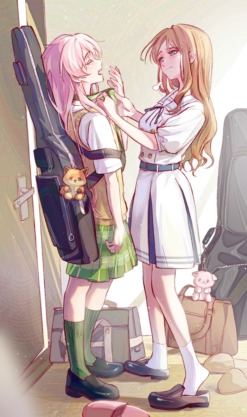 2girls absurdres bag bang_dream! bang_dream!_it&#039;s_mygo!!!!! belt blue_belt blue_eyes blush brown_bag brown_hair brown_sweater_vest chihaya_anon chinese_commentary closed_eyes closed_mouth commentary_request green_skirt green_socks grey_bag guitar_case haneoka_school_uniform hero45439083942 highres instrument_case instrument_on_back kneehighs long_hair multiple_girls nagasaki_soyo neck_ribbon open_mouth pink_hair plaid_clothes plaid_skirt pleated_skirt ribbon school_bag school_uniform shirt sidelocks skirt slippers socks sweater_vest tsukinomori_school_uniform tying_necktie white_background white_shirt white_socks yawning yuri