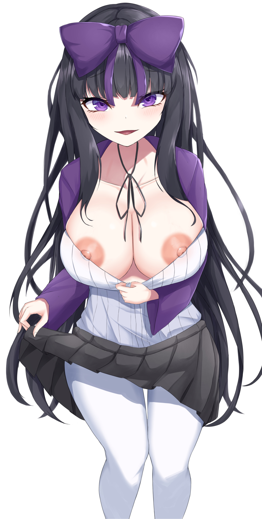 1girl absurdres black_hair black_ribbon blunt_bangs blush bow breasts cleavage clothes_pull commentary_request cookie_(touhou) feet_out_of_frame hair_bow highres jacket large_breasts long_hair long_sleeves looking_at_viewer miniskirt neck_ribbon nipples no_bra open_clothes open_jacket open_mouth pantyhose pleated_skirt purple_bow purple_eyes purple_jacket ribbon sharen shirt shirt_pull shunga_youkyu simple_background skirt smile solo star_sapphire touhou very_long_hair white_background white_pantyhose white_shirt