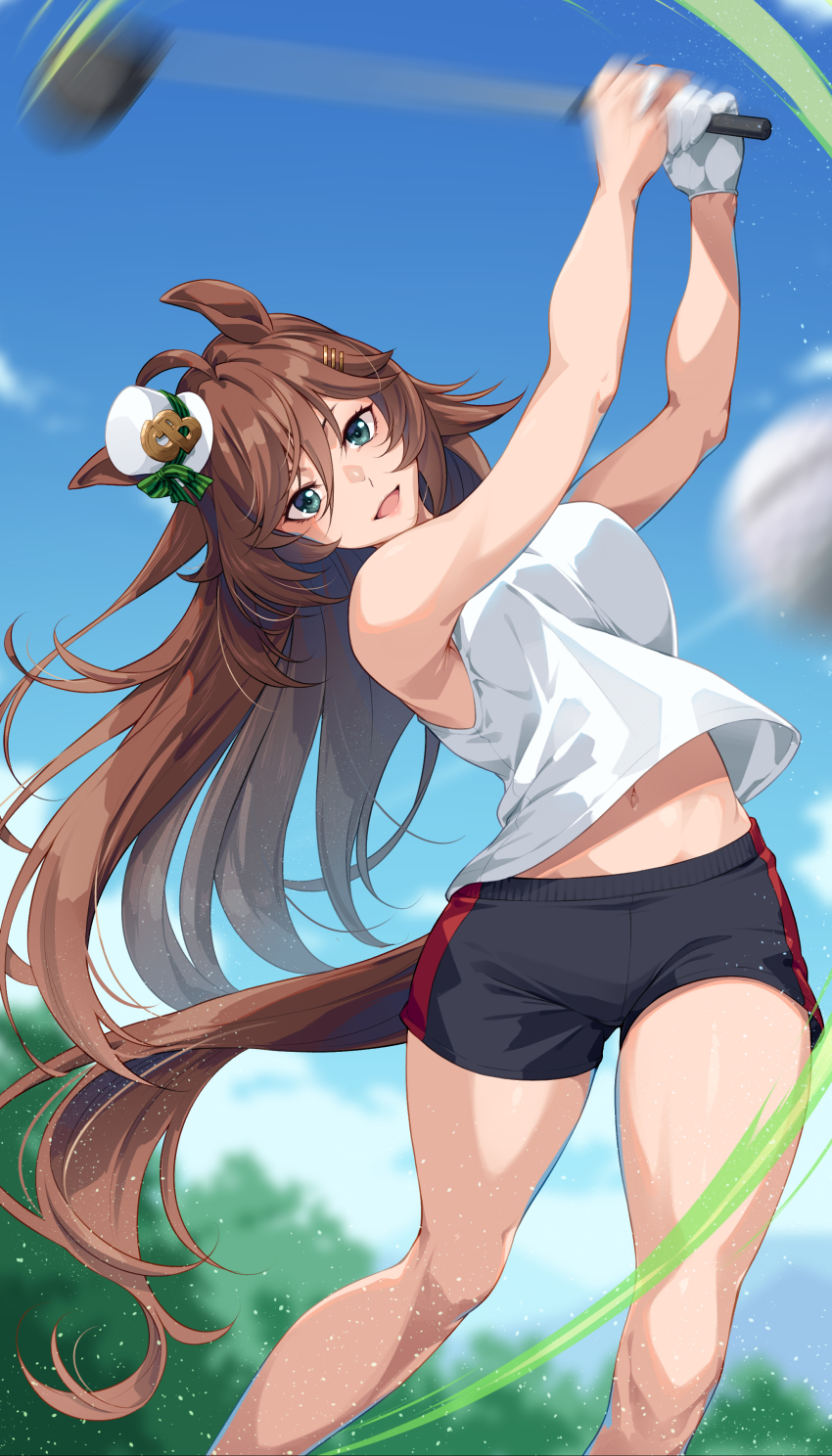 1girl :d absurdres ahoge animal_ears bare_arms bare_shoulders black_shorts blue_eyes blue_sky brown_hair commentary_request day feet_out_of_frame gloves golf golf_club hair_ornament hairclip hat highres holding holding_golf_club horse_ears horse_girl horse_tail long_hair looking_at_viewer mini_hat mini_top_hat motion_blur mr._c.b._(umamusume) mukunokino_isshiki navel open_mouth outdoors shirt short_shorts shorts single_glove sky sleeveless sleeveless_shirt smile solo tail top_hat umamusume very_long_hair white_gloves white_hat white_shirt