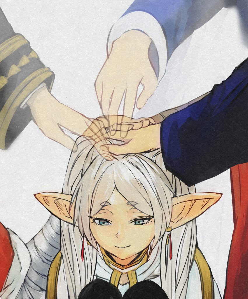 2girls 3boys 4boys bandaged_arm bandages blue_eyes commentary earrings eisen_(sousou_no_frieren) elf fern_(sousou_no_frieren) frieren grey_hair headpat heiter higemu highres himmel_(sousou_no_frieren) jewelry multiple_boys multiple_girls pantyhose pointy_ears smile sousou_no_frieren spirit stark_(sousou_no_frieren) twintails