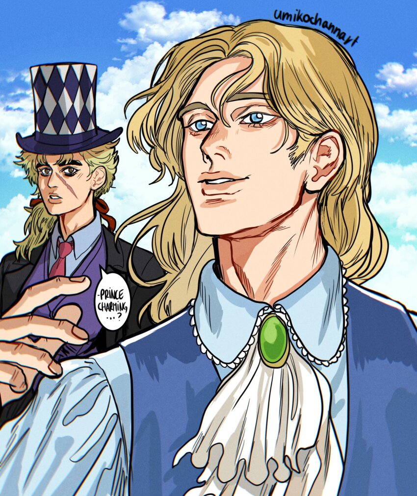 1boy 1girl ascot blonde_hair blue_eyes brown_eyes commentary english_commentary english_text erina_pendleton european_clothes genderswap genderswap_(ftm) genderswap_(mtf) hat highres jacket jojo_no_kimyou_na_bouken long_hair long_sleeves medium_hair outdoors phantom_blood robert_e._o._speedwagon scar scar_on_face smile speech_bubble umikochannart