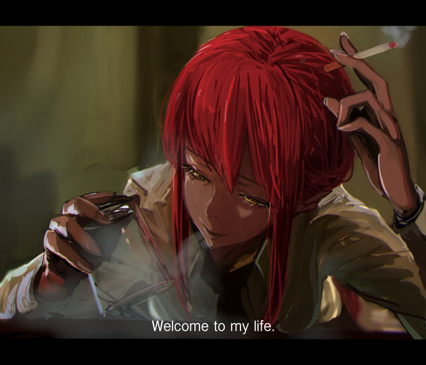 1girl absurdres chainsaw_man cigarette collared_shirt commentary constantine cup drinking_glass english_text formal_clothes higemu highres holding holding_cigarette letterboxed long_hair long_sleeves makima_(chainsaw_man) office_lady parody red_hair shirt sidelocks smoke smoking solo subtitled upper_body white_shirt yellow_eyes