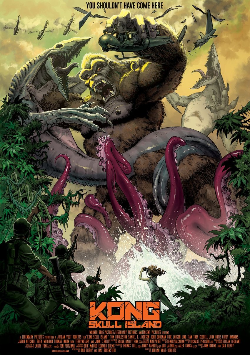 1girl 5boys ape blonde_hair camouflage fighting giant giant_monster gorilla gun highres jeff_zornow jungle kaiju king_kong king_kong_(series) kong:_skull_island legendary_pictures mason_weaver military military_uniform military_vehicle mire_squid monster monsterverse movie_poster multiple_boys muscular muscular_male nature octopus parody scar scar_on_chest see-through_body skullcrawler style_parody tentacles translucent tree water weapon