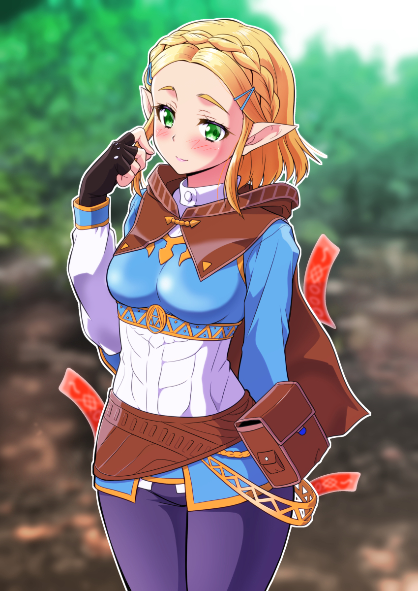 1girl absurdres belt belt_pouch black_gloves black_leggings blonde_hair blush braid brown_belt brown_cloak brown_hood cloak crown_braid gloves green_eyes hair_tie highres kaneko_naoya leggings nature nintendo outdoors playing_with_own_hair pointy_ears pouch princess_zelda red_ribbon ribbon smile solo the_legend_of_zelda the_legend_of_zelda:_tears_of_the_kingdom yiga_clan