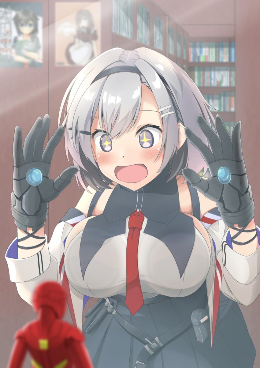 1girl against_glass azur_lane bare_shoulders blurry blush breast_press breasts breasts_on_glass commentary_request depth_of_field female_focus figure gloves grey_hair hair_between_eyes hairband highres iron_man kitayas large_breasts open_mouth purple_eyes reno_(azur_lane) short_hair skirt smile solo