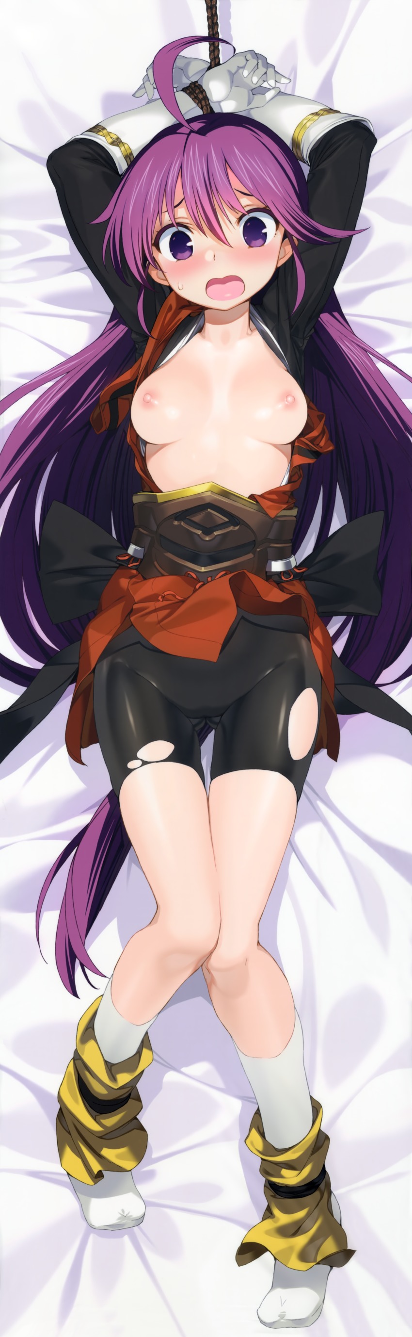 1girl absurdres ahoge arms_up bdsm bike_shorts blush breasts dakimakura_(medium) female_focus full_body gloves hair_between_eyes highres huge_filesize kentou_kanami kneehighs knees_together_feet_apart long_hair long_image nipples onono_imoko open_clothes open_mouth purple_eyes purple_hair rance_(series) rance_03 rance_03_leazas_kanraku restrained scan small_breasts socks solo sweatdrop tall_image torn_bike_shorts torn_clothes very_long_hair white_gloves white_socks