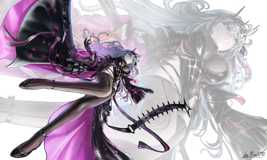 absurdres breasts crown frills gloves goddess_of_victory:_nikke high_heels highleg highres latex latex_leotard leotard long_hair modernia_(nikke) modernia_(second_affection)_(nikke) open_mouth red_eyes ronal_1710 see-through_clothes thighhighs white_hair zoom_layer