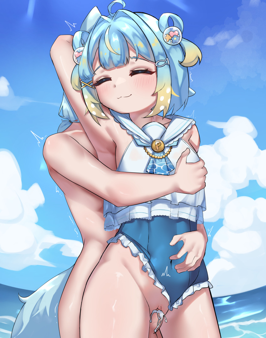 1boy 1girl absurdres belly blue_eyes blue_hair blush blush_stickers closed_eyes closed_mouth cloud cloudy_sky commission cum cum_in_pussy erection fish_hair_ornament frills hair_ornament hand_on_another&#039;s_chest highres jahe_png multicolored_hair navel ocean one_eye_closed penis penny_puffball pussy re:loop! sex short_hair sky solo swimsuit tail vaginal virtual_youtuber water x_hair_ornament