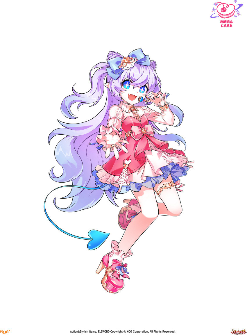 +_+ 1girl absurdres blue_bow blue_eyes blue_hair blue_ribbon blue_tail bow bracelet center_frills collared_dress company_logo cone_hair_bun copyright_name copyright_notice crossed_bangs demon_horns demon_tail dot_nose double_bun dress elsword fang footwear_bow frilled_dress frilled_sleeves frilled_socks frills full_body game_cg gold_bracelet gold_thighlet gradient_hair hair_between_eyes hair_bow hair_bun headset high_heels highres horns hwansang idol jewelry layered_dress leg_up logo long_hair long_sleeves luciela_r._sourcream multicolored_hair offering_hand official_alternate_costume official_art open_mouth outstretched_hand pink_bow pink_dress pink_shoes platform_shoes pointy_ears purple_hair ribbon second-party_source shoes short_dress sleeve_ribbon sleeves_past_wrists smile socks solo sparkling_eyes standing tachi-e tail transparent_background two_side_up very_long_hair waist_bow wavy_hair white_dress white_socks