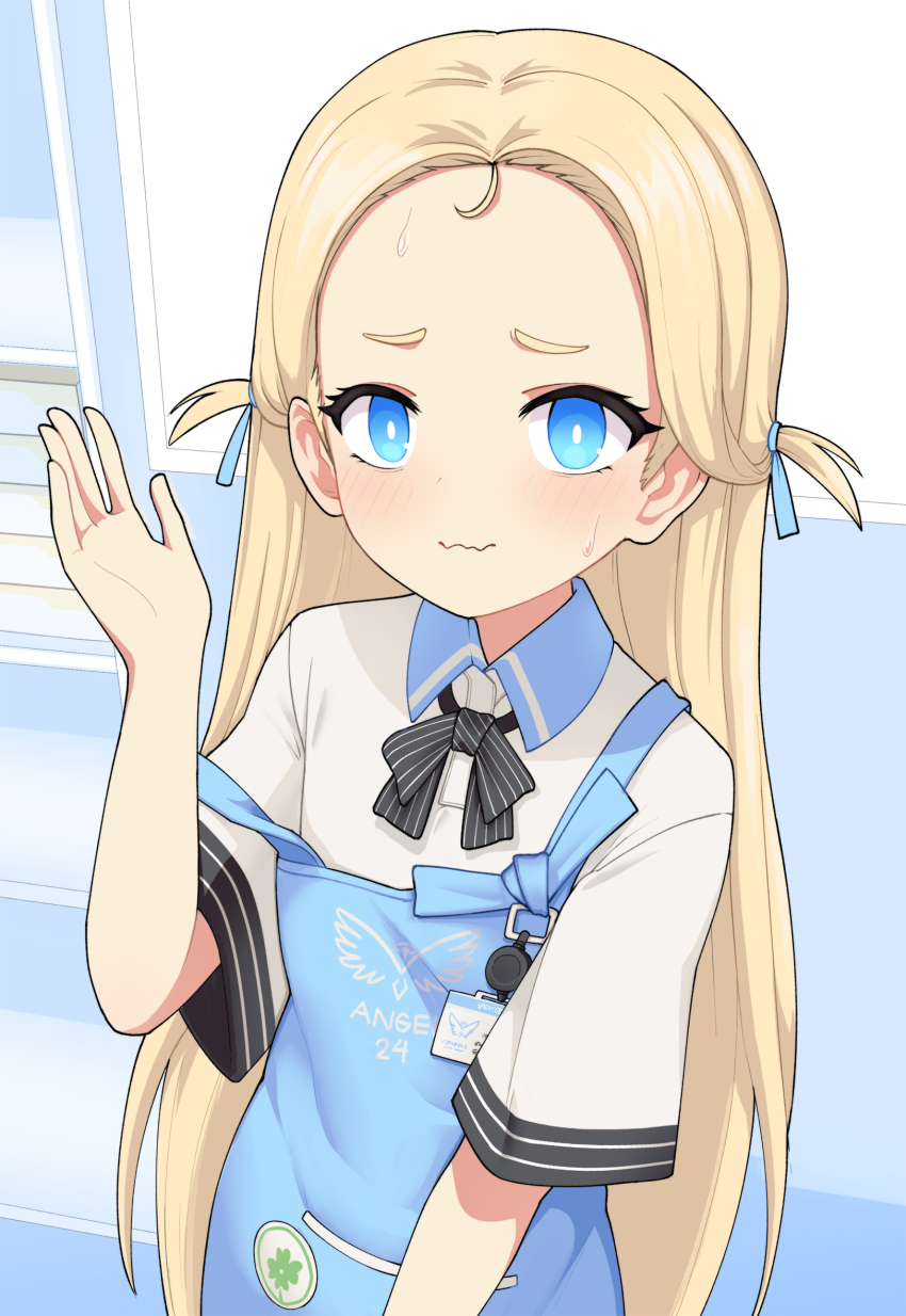 1girl apron blonde_hair blue_archive blue_eyes blush bow bowtie child collared_shirt forehead hand_up highres jacy long_hair looking_at_viewer name_tag nervous_smile nervous_sweating shirt short_sleeves smile solo sora_(blue_archive) strap_slip sweat two_side_up upper_body waving wavy_mouth white_shirt