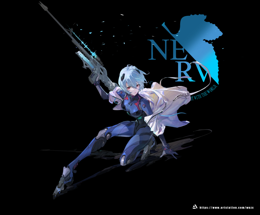 1girl absurdres art_study artist_name artstation_logo artstation_username ayanami_rei black_background blue_bodysuit blue_hair bodysuit breasts closed_mouth english_text full_body gun hair_between_eyes hairpods highres holding holding_weapon inline_skates interface_headset_(evangelion) jacket jacket_on_shoulders joints logo looking_to_the_side mecha_pilot_suit medium_breasts multicolored_bodysuit neon_genesis_evangelion nerv on_one_knee open_clothes open_jacket plugsuit_(evangelion) red_eyes reflection rifle robot_joints roller_skates scope short_hair simple_background skates sniper_rifle solo squatting weapon white_jacket zhong-x_wu