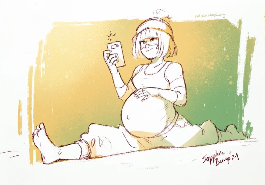 1girl arms_(game) barefoot breasts cellphone eye_mask female_focus fingerless_gloves full_body gloves hat min_min_(arms) monochrome navel nintendo phone pregnant sapphicbump short_hair small_breasts solo split