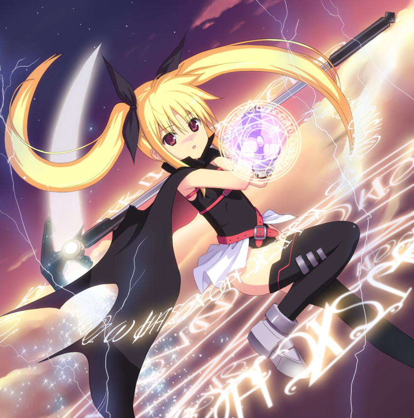 00s 1girl bardiche_(nanoha) bardiche_(scythe_form)_(nanoha) black_thighhighs blonde_hair fate_testarossa fate_testarossa_(lightning_form) female_focus gloves hair_ribbon highres koyama_tomosato leg_up long_hair lyrical_nanoha magic_circle mahou_shoujo_lyrical_nanoha outdoors red_eyes ribbon scythe sky solo thighhighs twintails very_long_hair weapon