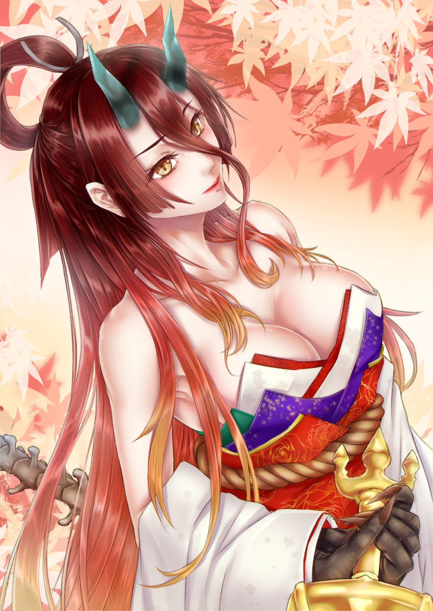 1girl absurdres bare_shoulders breasts brown_hair claws cleavage closed_mouth collarbone detached_sleeves fate/grand_order fate/requiem fate_(series) gradient_hair hair_between_eyes highres horns japanese_clothes kijo_kouyou_(fate) kijo_kouyou_(third_ascension)_(fate) kimono large_breasts leaf long_hair maple_leaf multicolored_hair orange_hair ponytail rope sash shoukaze_(syoubu0615) sleeveless sleeveless_kimono solo sword tail very_long_hair weapon white_kimono wide_sleeves yellow_eyes