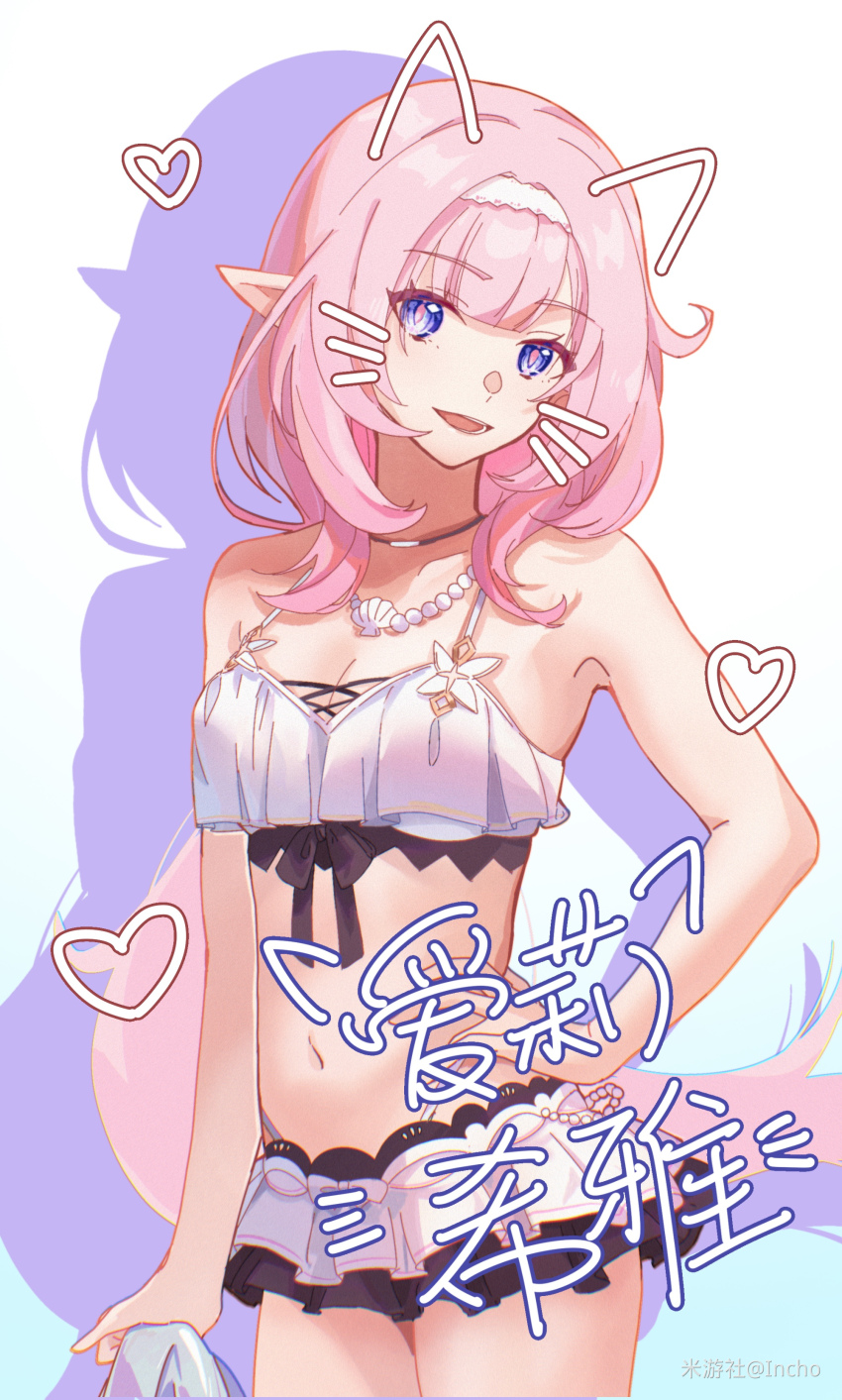 1girl absurdres animal_ears bare_shoulders bikini bikini_skirt blue_eyes breasts cat_ears chinese_commentary chinese_text cleavage commentary_request cowboy_shot elf elysia_(honkai_impact) elysia_(miss_pink_elf)_(honkai_impact) elysia_(summer_miss_elf)_(honkai_impact) fake_animal_ears fake_whiskers heart highres honkai_(series) honkai_impact_3rd jewelry long_hair looking_at_viewer navel necklace official_alternate_costume parted_lips pearl_necklace pink_hair pointy_ears simple_background solo stomach swimsuit thighs white_background white_bikini yichensang