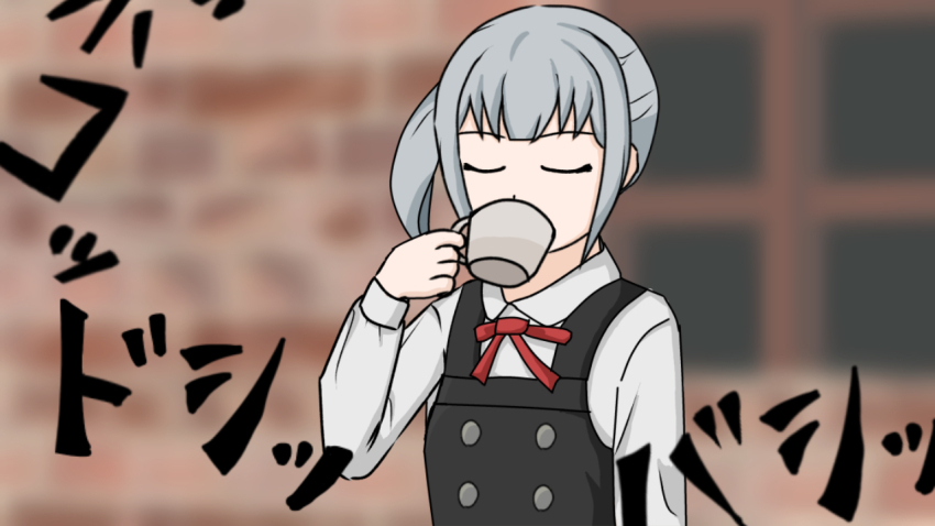 abbacchio_joins_the_kicking_(meme) anodono brick_wall closed_eyes cup dress dress_shirt drinking grey_hair kantai_collection kasumi_(kancolle) kasumi_kai_ni_(kancolle) meme mug pinafore_dress red_ribbon ribbon shirt side_ponytail sidelocks sleeveless sleeveless_dress white_shirt