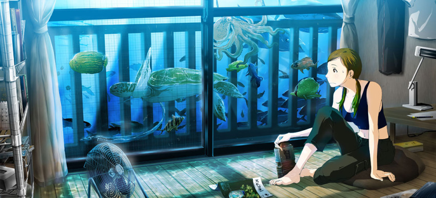 1girl 71_(nanaichi_drafting) bare_shoulders barefoot book bottle brown_eyes brown_hair electric_fan female_focus fish flood leg_up magazine_(object) midriff octopus original room sitting solo summer sweat sweatdrop table tank_top turtle twintails underwater water