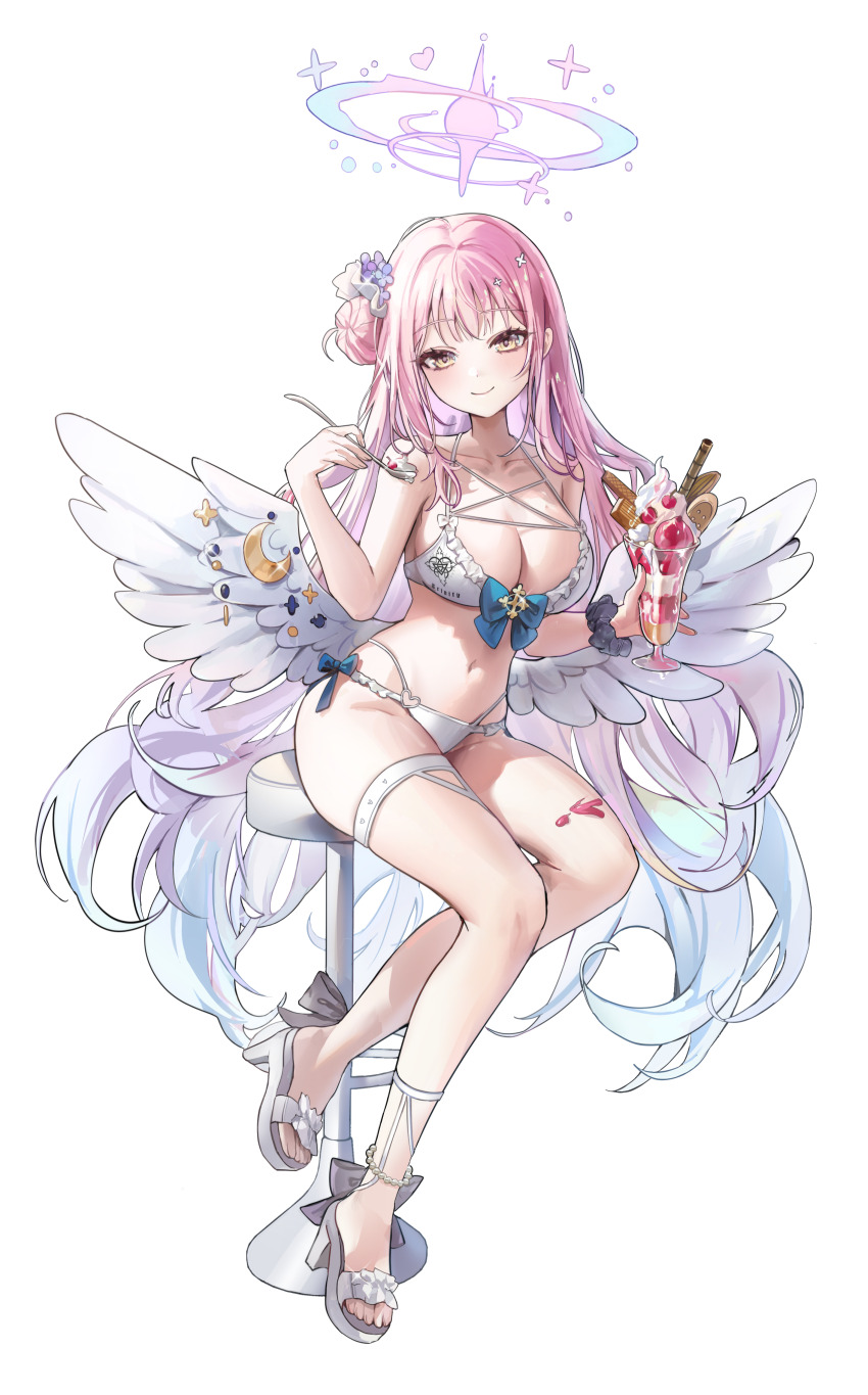 1girl absurdres angel_wings bare_shoulders bikini black_scrunchie blue_archive blue_bow blush bow breasts cleavage closed_mouth collarbone commentary cookie cross cup dessert feathered_wings flower food food_on_body food_on_legs footwear_bow frilled_bikini frills glint gradient_hair hair_bun hair_flower hair_ornament hair_ribbon halo highres holding holding_cup holding_spoon ice_cream large_breasts long_hair looking_at_viewer low_wings mika_(blue_archive) multi-strapped_bikini_top multicolored_hair mungduck pink_hair pink_halo purple_flower ribbon scrunchie shoes simple_background single_side_bun sitting smile solo spoon stool sundae swimsuit thigh_strap thighs trinity_general_school_logo white_background white_bikini white_bow white_ribbon white_shoes white_wings wings wrist_scrunchie yellow_eyes