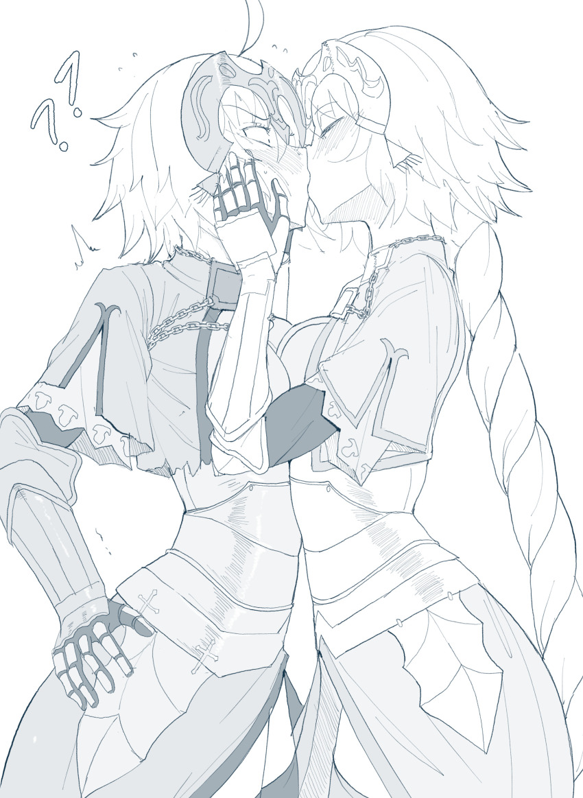2girls ? ?? absurdres ahoge armor armored_dress blush braid breast_press breasts breasts_squeezed_together chain closed_eyes dress fate/grand_order fate_(series) faulds french_kiss gauntlets hand_on_another&#039;s_face headpiece highres incest jeanne_d&#039;arc_(fate) jeanne_d&#039;arc_(ruler)_(fate) jeanne_d&#039;arc_alter_(avenger)_(fate) jeanne_d&#039;arc_alter_(fate) kiss long_braid long_hair medium_breasts monochrome multiple_girls plackart sally_(luna-arts) selfcest short_hair single_braid sketch surprise_kiss surprised thighhighs very_long_hair wide-eyed yuri