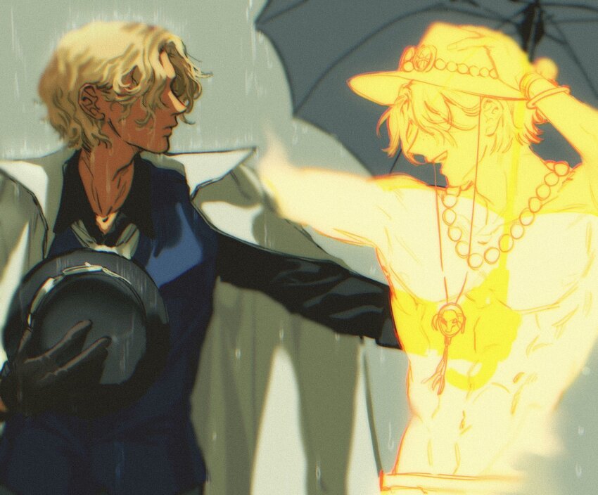 2boys abs arm_up black_gloves black_hat blonde_hair blue_shirt bracelet brothers cape closed_mouth collared_cape commentary_request covered_eyes gloves grey_background hair_over_eyes hand_on_own_head hat highres holding holding_umbrella holding_unworn_clothes holding_unworn_hat jewelry korean_commentary leaff00 log_pose long_sleeves male_focus multiple_boys necktie one_piece open_mouth outstretched_arm pants pectorals portgas_d._ace rain sabo_(one_piece) shirt short_hair siblings sleeve_cuffs smile standing teeth toned toned_male topless_male umbrella unworn_hat unworn_headwear upper_body upper_teeth_only wavy_hair wet wet_hair white_cape white_necktie