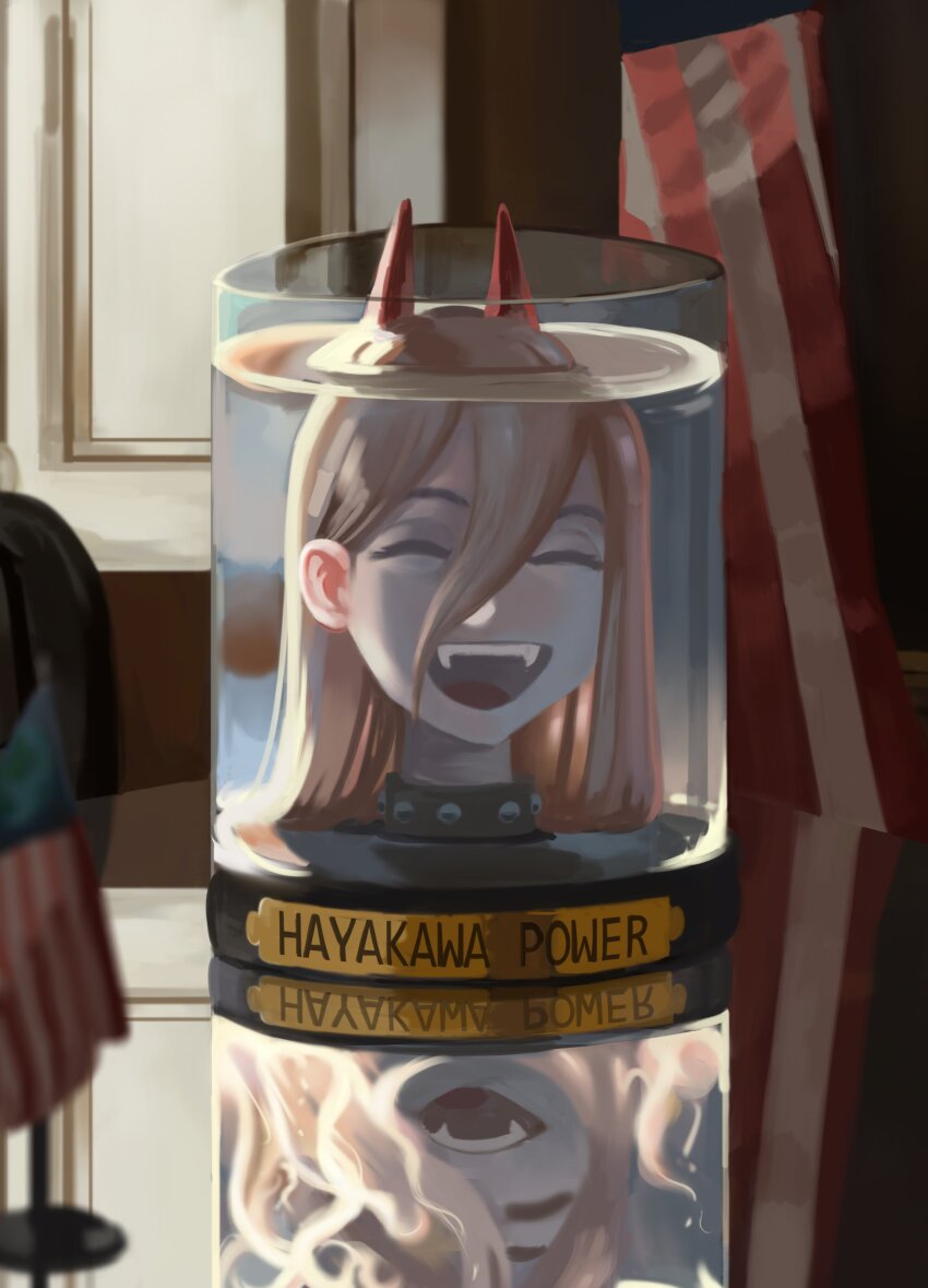 1girl absurdres american_flag blonde_hair chainsaw_man closed_eyes commentary dana_(ocana_dana) demon_girl demon_horns desk disembodied_head fangs futurama hair_between_eyes highres horns open_mouth parody power_(chainsaw_man) red_horns revision solo teeth upper_teeth_only