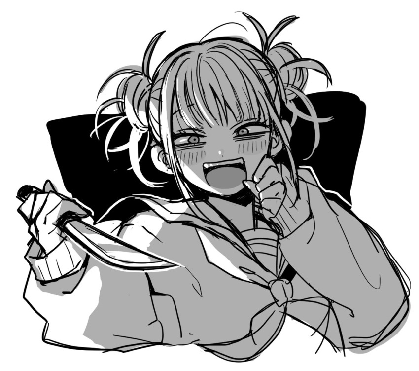 1girl blunt_bangs blush boku_no_hero_academia cardigan double_bun greyscale hair_bun holding holding_knife holding_weapon knife messy_hair mommorua monochrome monochromew open_mouth school_uniform serafuku sidelocks solo toga_himiko weapon