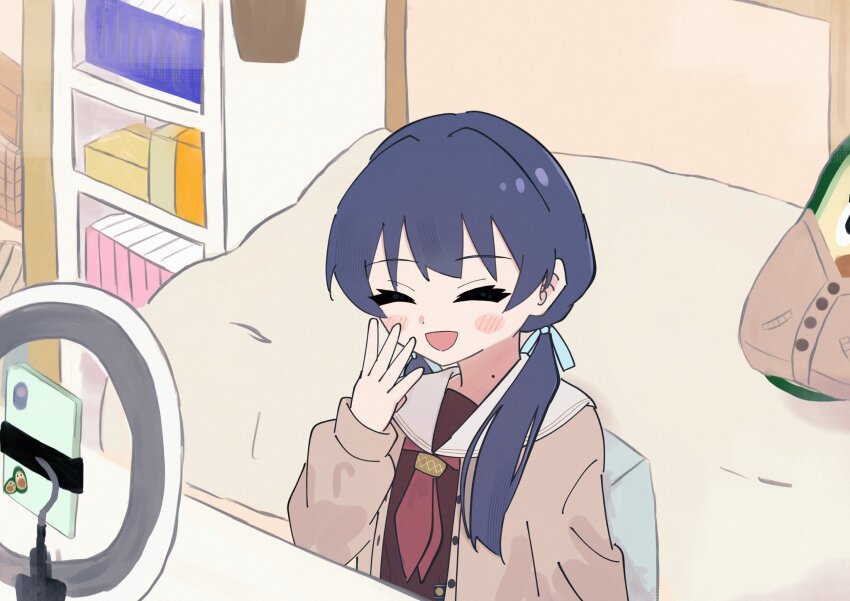 1girl :d ^_^ blue_hair blue_ribbon blush brown_cardigan brown_dress cardigan cellphone chair closed_eyes commentary dress hair_ribbon hand_up hasu_no_sora_school_uniform highres indoors link!_like!_love_live! long_hair long_sleeves love_live! low_twintails magu_(cv_mgmgcup) mole mole_on_neck murano_sayaka neckerchief on_chair open_cardigan open_clothes open_mouth phone red_neckerchief ribbon ring_light sailor_collar sailor_dress school_uniform sitting smartphone smile solo symbol-only_commentary twintails upper_body virtual_youtuber white_sailor_collar winter_uniform