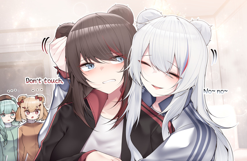4girls absurdres alternate_costume animal_ears arknights bear_ears bear_girl black_jacket blonde_hair blue_eyes blue_hair blush bow brown_eyes brown_hair brown_jacket clenched_teeth closed_eyes commentary dated_commentary english_text green_eyes green_hair green_jacket gummy_(arknights) hair_bow highres istina_(arknights) jacket long_sleeves monocle multicolored_hair multiple_girls open_clothes open_jacket open_mouth red_bow red_hair rosa_(arknights) rubbing_ears samip shirt smile streaked_hair teeth two-tone_hair white_hair white_jacket white_shirt zima_(arknights)