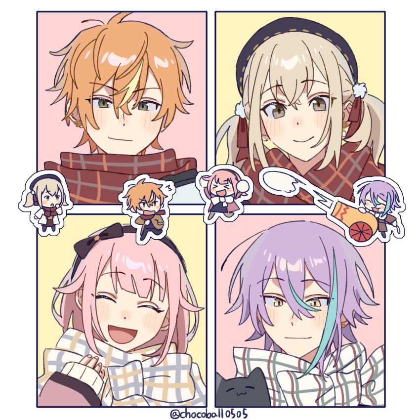 &gt;_&lt; 2boys 2girls :3 animal asymmetrical_bangs azusawa_kohane blonde_hair blue_hair bow bow_hairband brown_eyes cannon cat chibi chinese_commentary coat commentary_request green_eyes hair_ornament hair_ribbon hairband hand_up hat highres kamishiro_rui keke_qiu long_sleeves multicolored_hair multiple_boys multiple_girls ootori_emu open_mouth orange_hair pink_hair pom_pom_(clothes) pom_pom_hair_ornament portrait project_sekai purple_hair ribbon scarf scarf_bow shinonome_akito short_hair sleeves_past_wrists smile snowball snowball_fight streaked_hair throwing twintails yellow_eyes