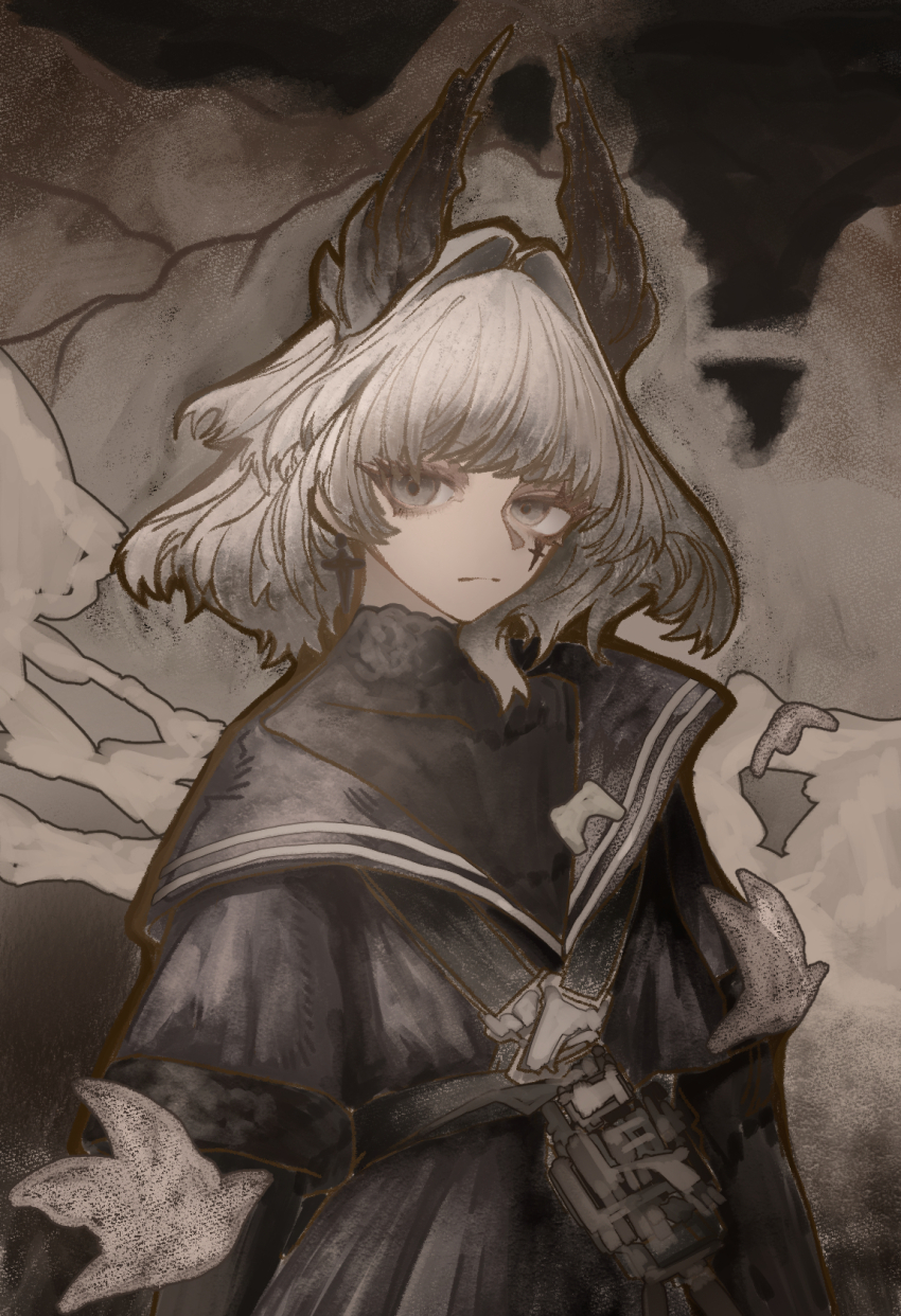 1girl arknights bandolier belt black_shirt cloud cloudy_sky commentary cross cross_earrings cross_scar dress earrings english_commentary grey_dress grey_eyes grey_hair hair_intakes head_wings highres irene_(arknights) irene_(the_adjudicatrix_and_her_resolve)_(arknights) jewelry latin_cross medium_hair pleated_dress scar shirt simple_bird sky solo thiccborb turtleneck turtleneck_shirt wings