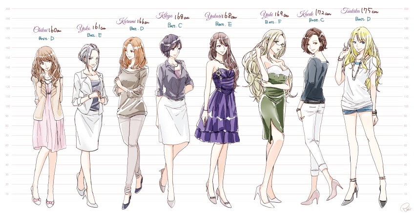 6+girls absurdres anklet bangs_pinned_back blonde_hair blue_eyes blue_shorts breasts brown_eyes brown_hair character_name chikai_luna_(hazuki_ruri) cleavage closed_mouth collared_shirt commentary_request crossed_arms dress dress_shirt formal_clothes full_body glasses green_dress grey_shirt hara_tsukika_(hazuki_ruri) hatanaka_yuhi_(hazuki_ruri) hazuki_ruri height height_chart height_mark high_heels highres jacket jewelry lineup long_hair long_sleeves looking_at_another matsunaga_kaede_(hazuki_ruri) multiple_girls necklace office_lady orange_hair original pants pearl_necklace pink_dress pink_shoes pixie_cut purple_dress shirt shoes short_hair short_shorts short_sleeves shorts side-by-side signature skirt skirt_suit smile standing suit sweater t-shirt takatsuka_kurumi_(hazuki_ruri) toishi_yukari_(hazuki_ruri) wavy_hair white_hair white_jacket white_shirt white_shoes white_skirt yoshino_kikyo_(hazuki_ruri) yusa_yoko_(hazuki_ruri)