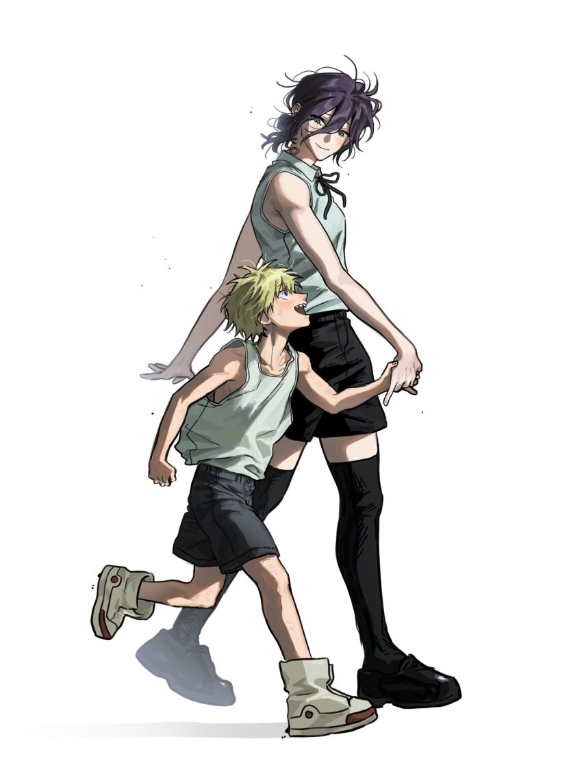 1boy 1girl aged_down bare_shoulders black_ribbon black_shoes black_shorts black_thighhighs blonde_hair blush boots chainsaw_man child closed_mouth collared_shirt denji_(chainsaw_man) green_eyes grenade_pin hair_between_eyes hair_bun highres holding_hands looking_at_another medium_hair neck_ribbon neulma168 open_mouth purple_hair reze_(chainsaw_man) ribbon sharp_teeth shirt shoes short_hair shorts sleeveless sleeveless_shirt smile tank_top teeth thighhighs updo walking white_background white_boots white_shirt white_tank_top