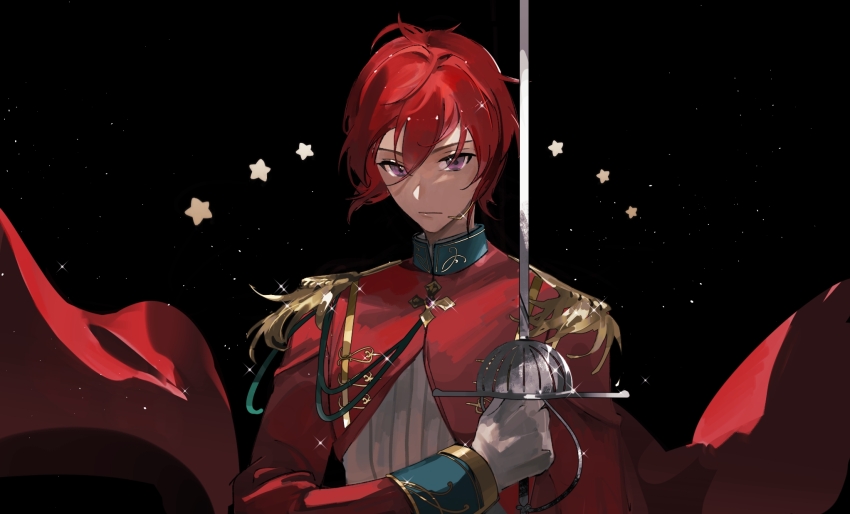 1boy aiguillette black_background cropped_jacket ensemble_stars! epaulettes hair_between_eyes highres holding holding_sword holding_weapon jacket long_sleeves looking_at_viewer male_focus military_jacket military_uniform purple_eyes red_hair red_jacket shirt short_hair shule_de_yu silent_oath_(ensemble_stars!) simple_background solo star_(symbol) suou_tsukasa sword upper_body weapon white_shirt