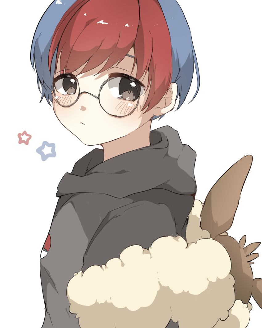 1girl black_eyes chiko_(chi_p_71) closed_mouth eevee frown gen_1_pokemon glasses grey_hoodie highres hood hood_down hoodie multicolored_hair nintendo penny_(pokemon) pokemon pokemon_sv red_hair round_eyewear short_hair simple_background solo two-tone_hair white_background