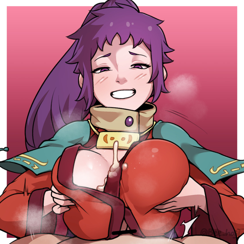 1boy 1girl arc_the_lad beecon_(bee_niji) blush breasts breasts_squeezed_together breath censored clenched_teeth clothed_paizuri cum cum_in_clothes cum_on_body cum_on_breasts cum_on_clothes cum_on_upper_body cum_through_clothes ejaculation eye_contact femdom grabbing_another&#039;s_breast groping highres japanese_clothes jewelry kukuru_(arc_the_lad) large_breasts long_hair looking_at_another looking_at_viewer motion_lines naughty_face orgasm paizuri paizuri_under_clothes pendant penis ponytail pov purple_eyes purple_hair robe scarf smile smirk smug steam teeth wide_sleeves
