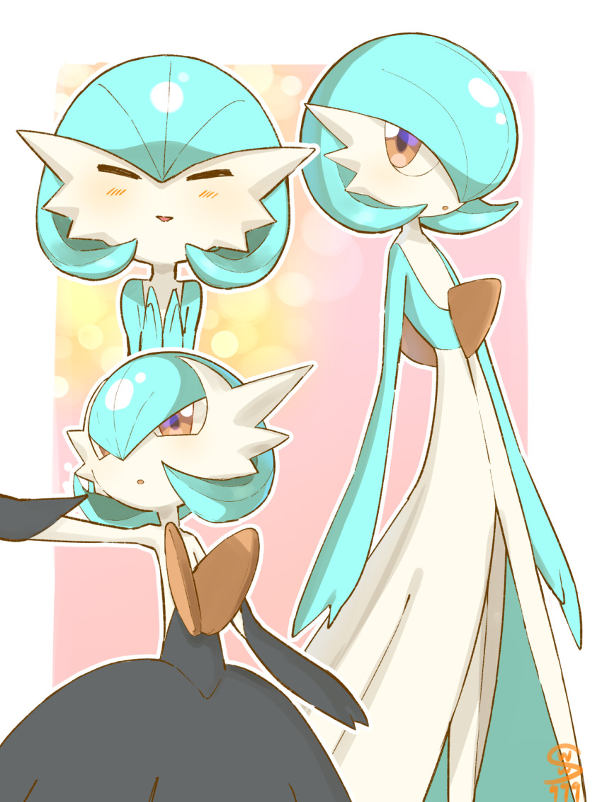 1girl alternate_color aqua_hair blush closed_eyes commentary_request flipped_hair gardevoir gen_3_pokemon highres mega_gardevoir mega_pokemon multiple_views nintendo open_mouth orange_eyes outstretched_arm pokemon pokemon_(creature) pokemon_focus shiny_pokemon standing wasawa_(wsw_999)