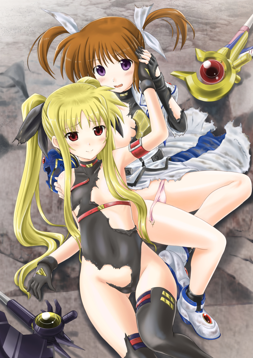 2girls bardiche_(axe_form)_(nanoha) bardiche_(nanoha) black_leotard blonde_hair blush brown_hair convenient_censoring covered_navel dress fate_testarossa fate_testarossa_(movie_1st_form) hair_censor highres kuroyorozu leotard long_hair looking_at_viewer lyrical_nanoha magical_girl mahou_shoujo_lyrical_nanoha multiple_girls open_mouth panties pink_panties purple_eyes raising_heart raising_heart_(device_mode)_(1st) red_eyes sidelocks smile takamachi_nanoha takamachi_nanoha_(movie_1st_mode) torn_clothes torn_dress torn_legwear torn_leotard torn_panties torn_sleeves underwear
