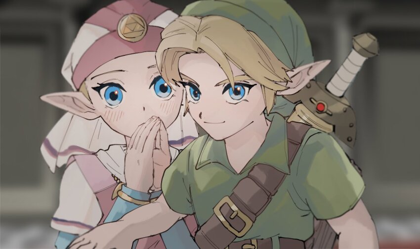 1boy 1girl behind_another belt blonde_hair blue_eyes blue_sleeves blush brown_belt child closed_mouth commentary deku_shield dress green_hat green_tunic hat hetero kokiri_sword light_smile link long_sleeves looking_at_viewer nintendo own_hands_together pink_dress pointy_ears princess_zelda shield shield_on_back short_hair short_sleeves shoulder_belt steepled_fingers sword sword_on_back the_legend_of_zelda the_legend_of_zelda:_ocarina_of_time triforce tunic two-tone_dress upper_body weapon weapon_on_back white_dress white_headdress wooden_shield yamori_(yamoooon21) young_link young_zelda