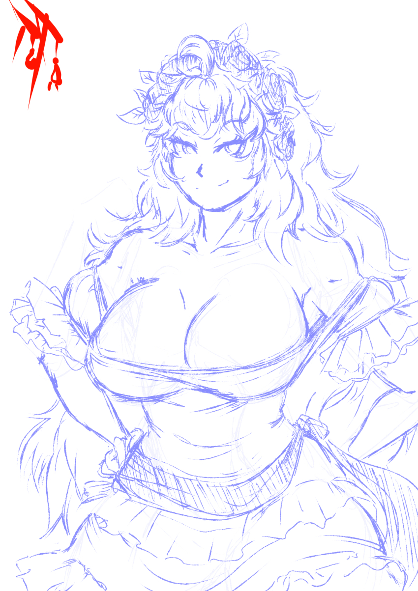 1girl alternate_costume breasts cleavage dress half-closed_eyes hand_on_own_hip highres large_breasts legs long_hair mexican_dress mexico monochrome rwby seductive_gaze seductive_smile sketch smile solo suicidetoto thighs yang_xiao_long