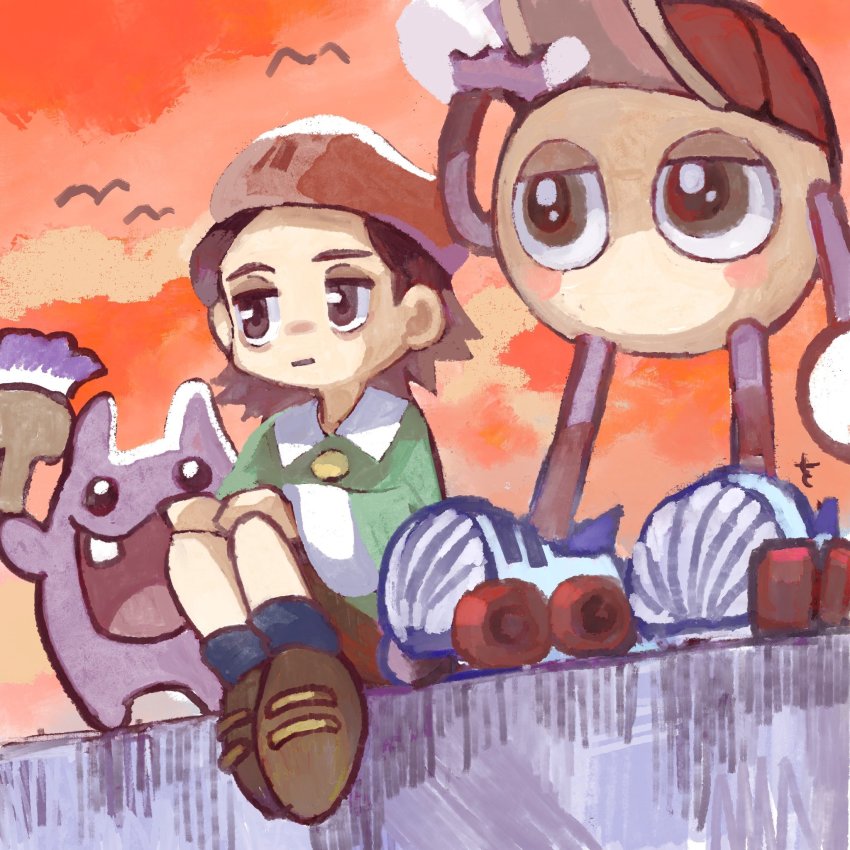 1boy 1girl 1other adeleine adjusting_clothes adjusting_headwear bat_(animal) beret blush_stickers half-closed_eyes hat highres kirby_(series) nintendo open_mouth orange_sky paint_roller_(kirby) paintbrush prank_(kirby) roller_skates skates skirt sky smile smock wuu211211