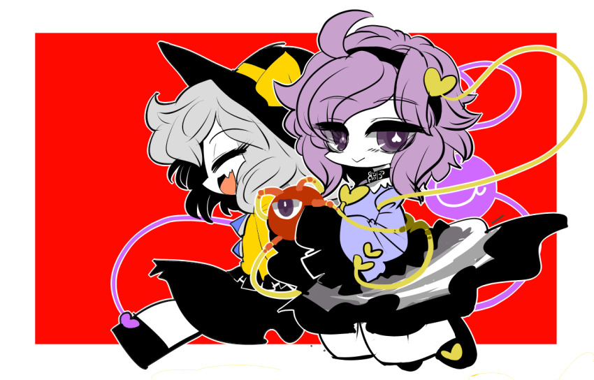 2girls :&lt; :d ahoge black_footwear black_hairband black_headwear black_skirt blouse blue_shirt buttons closed_eyes closed_mouth commentary diamond_button fang grey_skirt hair_ornament hairband hat hat_ribbon heart heart-shaped_pupils heart_button heart_hair_ornament holding komeiji_koishi komeiji_satori light_green_hair long_sleeves looking_at_viewer multiple_girls open_mouth purple_eyes purple_hair ribbon shirt shoes short_hair siblings sisters skin_fang skirt sleeves_past_fingers sleeves_past_wrists slippers smile symbol-shaped_pupils third_eye touhou yellow_ribbon yellow_shirt yt_(wai-tei)