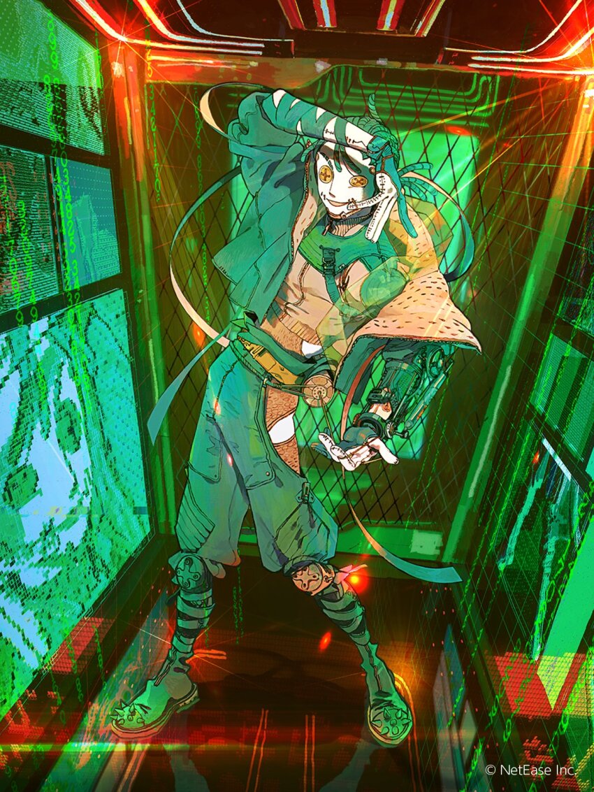 alternate_costume arm_wrap belt binary boots brown_jacket button_eyes buttons colored_skin copyright_notice full_body gauntlets gloves green_boots green_gloves green_hair green_jacket green_pants green_theme hair_pulled_back hand_up highres hip_vent holographic_interface identity_v indoors jacket knee_pads layered_clothes legs_apart long_hair looking_at_viewer low_ponytail male_focus naib_subedar official_art pants partially_fingerless_gloves ponytail reflective_floor science_fiction screen shoulder_guard single_gauntlet solid_eyes solo spiked_boots standing stitched_mouth stitches string two-sided_fabric two-sided_jacket uneven_eyes white_skin yasutatsu_(amazu) yellow_belt yellow_eyes zipper_pull_tab