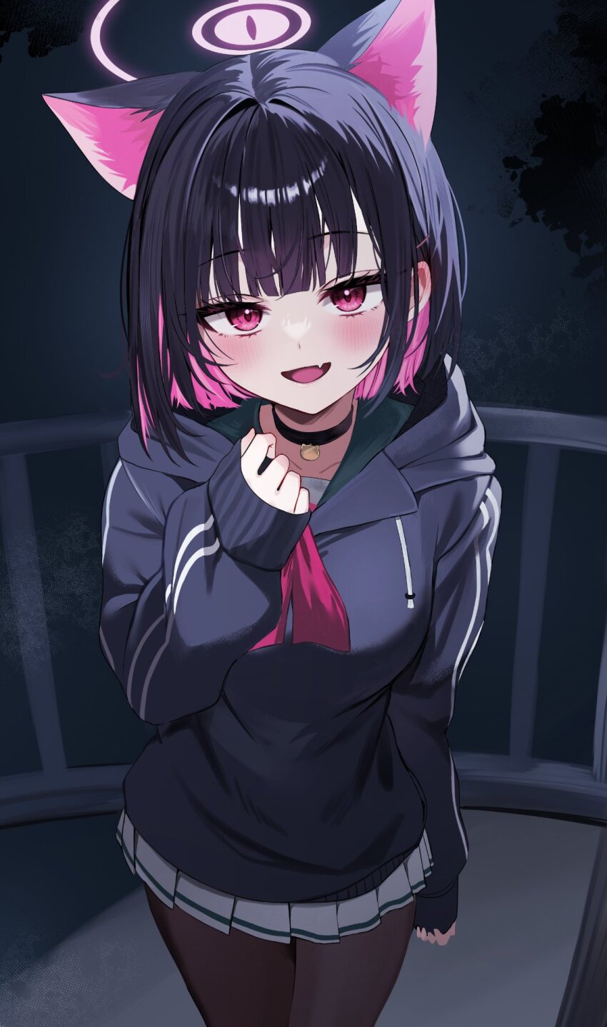 1girl animal_ears black_choker black_hair black_jacket black_pantyhose blue_archive blush cat_ears cat_girl choker colored_inner_animal_ears colored_inner_hair commentary_request cowboy_shot extra_ears fang fence green_sailor_collar halo highres hood hood_down hooded_jacket jacket kazusa_(blue_archive) long_sleeves looking_at_viewer multicolored_hair neckerchief open_mouth pantyhose pink_hair pink_halo pink_neckerchief pleated_skirt puffy_long_sleeves puffy_sleeves rei_(rei_9146) sailor_collar short_hair skin_fang skirt sleeves_past_wrists smile solo white_skirt