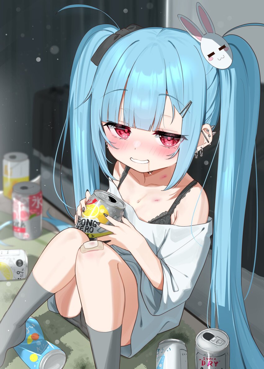 1girl absurdres ass bandaid bandaid_on_knee bandaid_on_leg bare_shoulders black_bow black_nails black_panties blue_hair blurry blurry_background blush bow can collarbone commentary_request crushed_can curtains depth_of_field ear_piercing grey_shirt grey_socks hair_bow hair_ornament hairclip highres holding holding_can indoors kanae_(tsukiman) knees_together_feet_apart knees_up long_hair long_sleeves looking_at_viewer nail_polish off-shoulder_shirt off_shoulder original panties piercing rabbit_hair_ornament red_eyes saliva shirt sitting smile socks solo strong_zero tsukiman twintails underwear very_long_hair wide_sleeves
