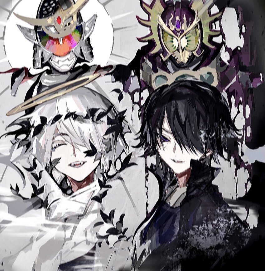 4boys angel_and_devil armor belt black_cape black_hair blonde_hair cape closed_eyes commentary commentary_request food formal_clothes fruit full_armor grapes halo henshin_pose highres jacket kamen_rider kamen_rider_gaim kamen_rider_gaim_(kiwami_arms) kamen_rider_gaim_(series) kamen_rider_ryugen kazuraba_kouta kureshima_mitsuzane lock lock_seed male_focus medium_hair multiple_boys profile purple_eyes purple_shirt realzigaga ryugen_yomi scabbard sengoku_driver sheath shirt solo spoilers standing suit suit_jacket sword symbol-only_commentary tokusatsu transformation upper_body weapon white_background yomotsuheguri_arms