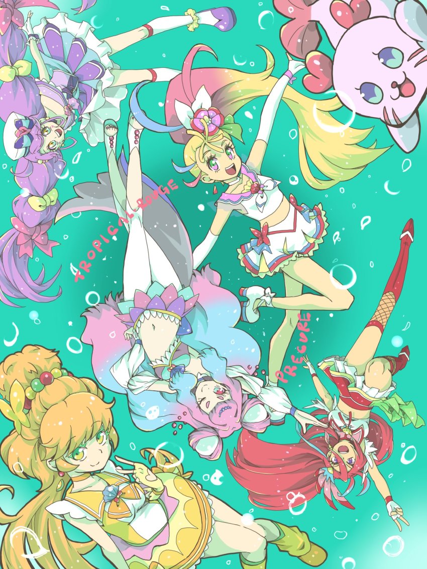 5girls ankle_bow ankle_ribbon blue_hair boots bow bow_earrings choker colored_eyelashes crop_top cure_coral cure_flamingo cure_la_mer cure_papaya cure_summer detached_sleeves dress earrings elbow_gloves eyelash_ornament facial_mark feather_earrings feathers fishnet_thighhighs fishnets glove_bow gloves green_background hair_bow hair_strand heart heart_facial_mark heart_in_eye highres ichinose_minori jewelry kasetsu kururun_(precure) laura_la_mer layered_skirt leg_ribbon leggings magical_girl mismatched_eyelashes multiple_girls multiple_hair_bows nail_polish natsuumi_manatsu orange_shoes pearl_hair_ornament pink_hair pink_sailor_collar precure purple_choker purple_dress ribbon sailor_collar shoes skirt suzumura_sango symbol_in_eye takizawa_asuka thick_eyelashes thighhighs triangle_earrings tropical-rouge!_precure white_choker white_gloves white_leggings wrist_bow yellow_bow yellow_choker yellow_dress yellow_gloves yellow_sailor_collar
