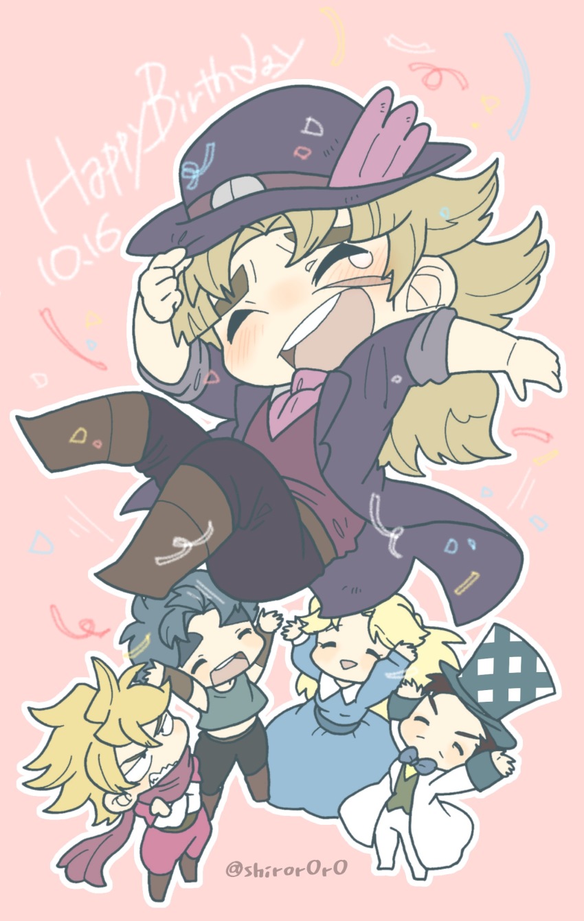 1girl 4boys black_hair blonde_hair blue_dress blue_hair boots bow bowtie breasts brown_footwear clenched_teeth closed_eyes coat crossed_arms dio_brando dress erina_pendleton facial_hair facial_scar happy_birthday hat highres jojo_no_kimyou_na_bouken jonathan_joestar multiple_boys mustache open_mouth red_scarf robert_e._o._speedwagon scar scar_on_cheek scar_on_face scarf shiro_(tiotolv) smile tank_top tears teeth top_hat triangle_mouth twitter_username will_anthonio_zeppeli