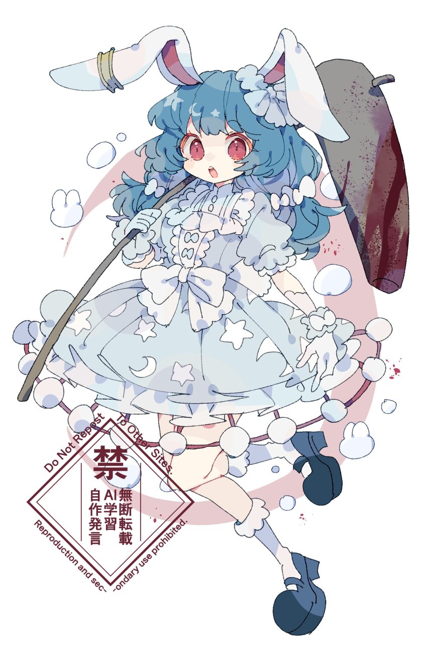 1girl :o absurdres ambiguous_red_liquid animal_ears black_shoes blue_dress blue_hair blush_stickers bow commentary dress earclip frilled_dress frills full_body gloves highres holding holding_mallet kine long_hair looking_at_viewer mallet nikorashi-ka open_mouth puffy_short_sleeves puffy_sleeves rabbit_ears rabbit_girl rabbit_tail red_eyes seiran_(touhou) shoes short_sleeves simple_background socks solo standing standing_on_one_leg tail teeth touhou upper_teeth_only watermark white_background white_bow white_gloves white_socks